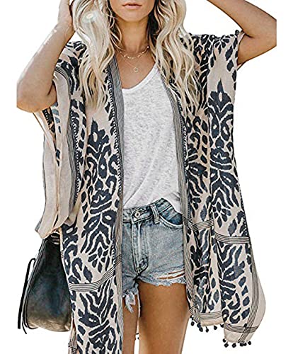 Women Beach Cover Up Kimono Cardigans Pom Pom, Boho Chiffon Sheer Lady Bikini Coverup, Swimsui Pompom Trim, Pool Cardigan Duster, Plus Size Beach Swim Wear, Bathting Suit Swimsuit Swimwear