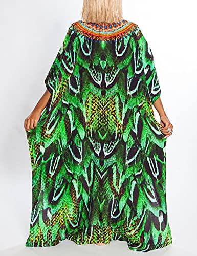 Bsubseach Green Snake Print Loose Kaftan Dress Plus Size Beach Cover Up Half Sleeve Caftan Maxi Dress for Women