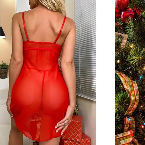 Women's Sexy Christmas Lingerie Night Dress with Thong, Ladies Red Santa Babydoll Chemise Backless, See Through Lace Mesh Spice Nightgown Outfit, V Neck Nightwear Negligee, Slit Front Xmas Sleepwear