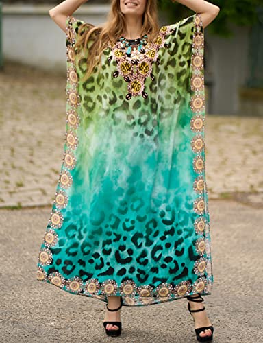 Bsubseach Green Snake Print Loose Kaftan Dress Plus Size Beach Cover Up Half Sleeve Caftan Maxi Dress for Women