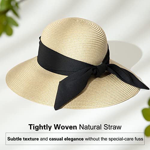 Comhats Sun Hats for Women Foldable UV Protection Large Wide Brimmed Floppy Panama Style Straw Beach Hat Fashionable Fedora Adjustable Beige
