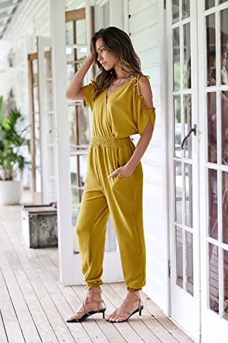 ECOWISH Women's V Neck Spaghetti Strap Drawstring Waisted Long Pants Jumpsuit Rompers