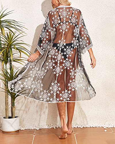 Women Swimsuit Cover Up Bathing Suit Kimono Long Beach Dress Floral Lace Bikini Swim Coverup Sun Protection Clothing