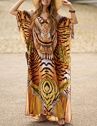 Bsubseach Green Snake Print Loose Kaftan Dress Plus Size Beach Cover Up Half Sleeve Caftan Maxi Dress for Women