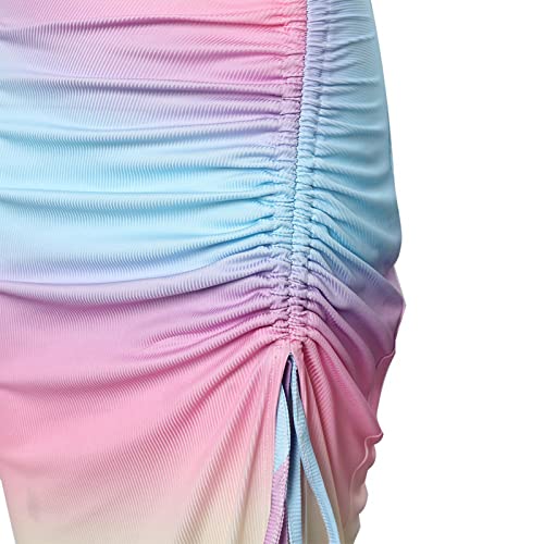 Summer Dresses for Women UK Clearance Sleeveless High Waist Solid and Printed Ribbed Drawstring Ruched Sexy High Slit Dresses Ladies Trendy Dresses for Vacation Cocktail Work Wedding Activewear