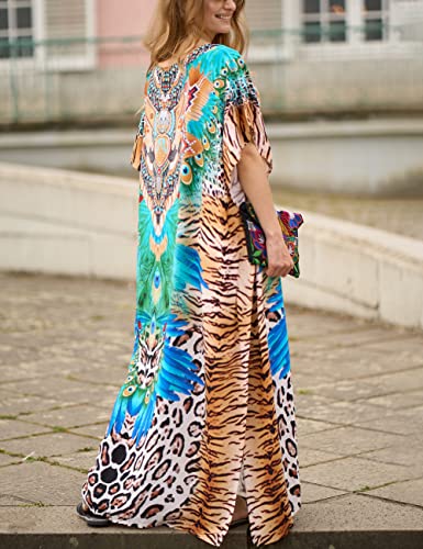 Bsubseach Green Snake Print Loose Kaftan Dress Plus Size Beach Cover Up Half Sleeve Caftan Maxi Dress for Women