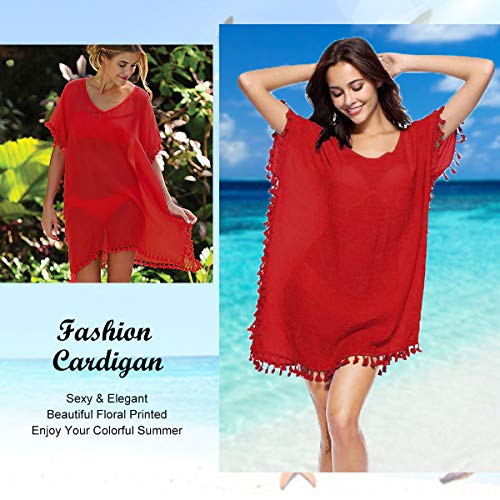Women's Chiffon Tassel Swimsuit Summer Beach Cover Up Swimwear Dress Beachwear (Black)