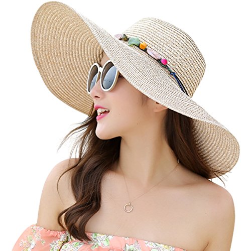 Lanzom Womens 5.5 Inches Wide Brim Straw Hat Floppy Foldable Roll up Cap Beach Sun Hat