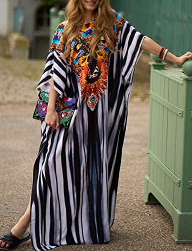 Bsubseach Green Snake Print Loose Kaftan Dress Plus Size Beach Cover Up Half Sleeve Caftan Maxi Dress for Women