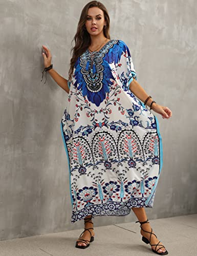 Bsubseach Green Snake Print Loose Kaftan Dress Plus Size Beach Cover Up Half Sleeve Caftan Maxi Dress for Women