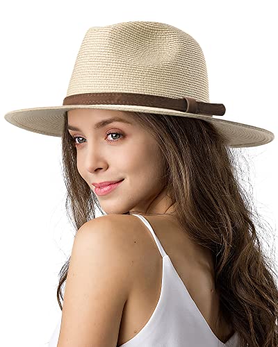 FURTALK Sun Hats for Women Men, Adjustable Summer Panama Fedora Wide Brim Hat UV UPF 50+,Foldable Packable Straw Beach Hat Beige
