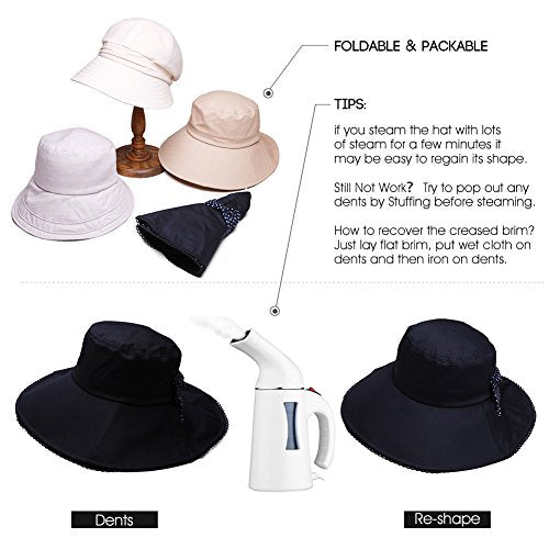 Comhats Ladies Sun Hat Foldable UPF 50 Wide Brim with Neck Protection Summer Spring UV Cotton Safari Gardening Walking Hat with Chin Strap Beige Small