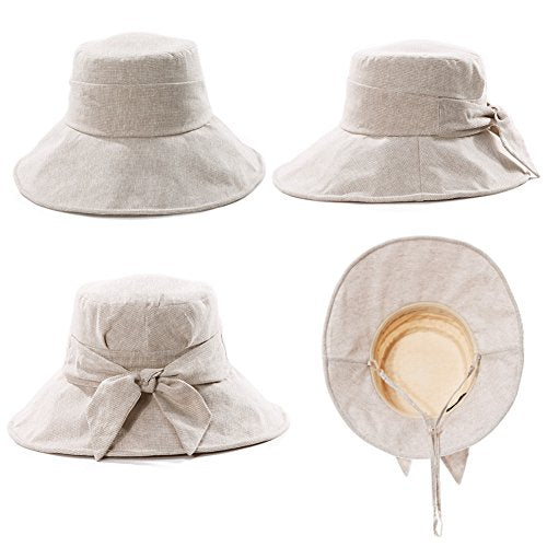 Comhats Ladies Sun Hat Foldable UPF 50 Wide Brim with Neck Protection Summer Spring UV Cotton Safari Gardening Walking Hat with Chin Strap Beige Small