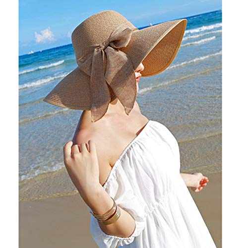 Lanzom Womens 5.5 Inches Wide Brim Straw Hat Floppy Foldable Roll up Cap Beach Sun Hat