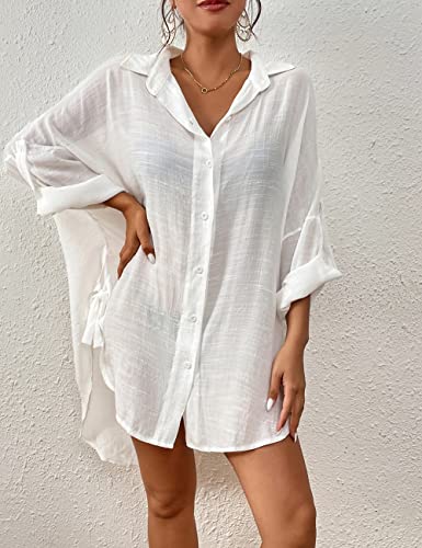 Bsubseach Women Casual Navy Turn Down Collar Bikini Bathing Suit Cover Ups Long Sleeve Beach Cover Up with Pockets