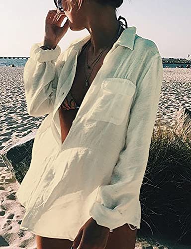 Bsubseach Long Sleeve Beach Shirt Blouses Women Turn Down Collar Bikini Bathing Suit Cover Ups Swimwear Apricot