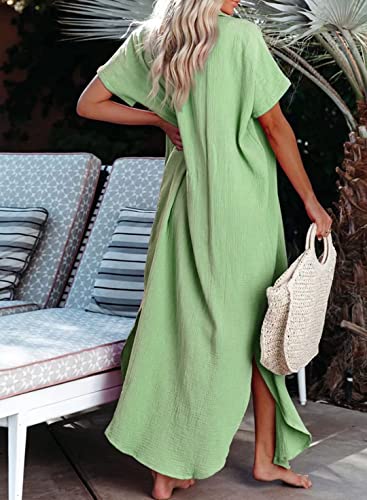 Dokotoo Womens Casual Short Sleeve Side Split Button Down Long Kimonos Cardigans Swimsuit Cover Ups