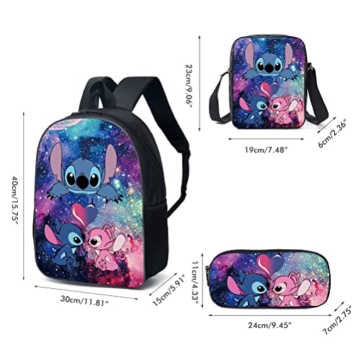 SHANGYE Stitch Backpack with Lunch Bag Pencil Case, 3Pcs Kid Bookbags Set, 3D Printed Travel Rucksacks Kids School Bag