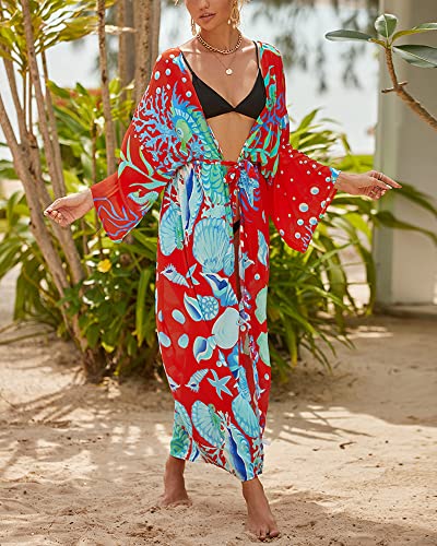 Women Swimsuit Cover Up Bathing Suit Kimono Long Beach Dress Floral Lace Bikini Swim Coverup Sun Protection Clothing