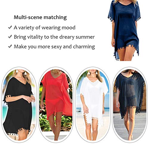 Women's Chiffon Tassel Swimsuit Summer Beach Cover Up Swimwear Dress Beachwear (Black)