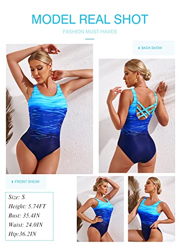 Aleumdr Ladies Gradient Color Block Printed Soft Cup Swimming Suits Sleeveless One Piece Swimming Costume for Women