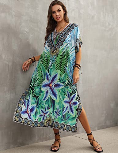 Bsubseach Green Snake Print Loose Kaftan Dress Plus Size Beach Cover Up Half Sleeve Caftan Maxi Dress for Women