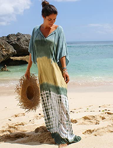 Bsubseach Green Snake Print Loose Kaftan Dress Plus Size Beach Cover Up Half Sleeve Caftan Maxi Dress for Women