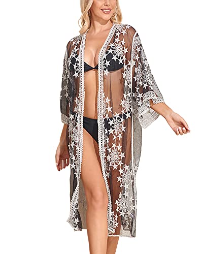 Women Swimsuit Cover Up Bathing Suit Kimono Long Beach Dress Floral Lace Bikini Swim Coverup Sun Protection Clothing