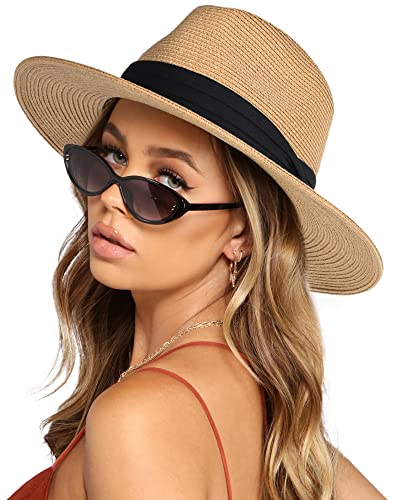 FURTALK Sun Hats for Women Men, Adjustable Summer Panama Fedora Wide Brim Hat UV UPF 50+,Foldable Packable Straw Beach Hat Beige