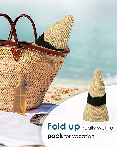 Comhats Sun Hats for Women Foldable UV Protection Large Wide Brimmed Floppy Panama Style Straw Beach Hat Fashionable Fedora Adjustable Beige