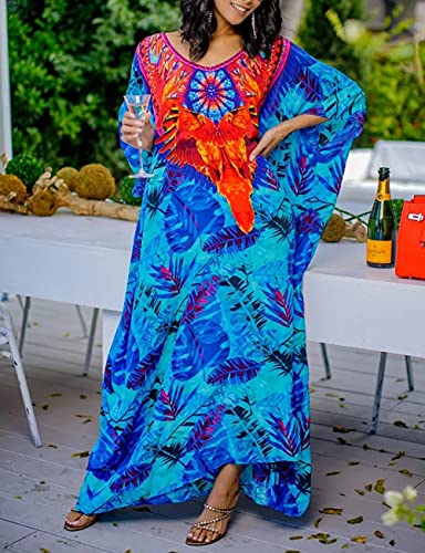 Bsubseach Green Snake Print Loose Kaftan Dress Plus Size Beach Cover Up Half Sleeve Caftan Maxi Dress for Women