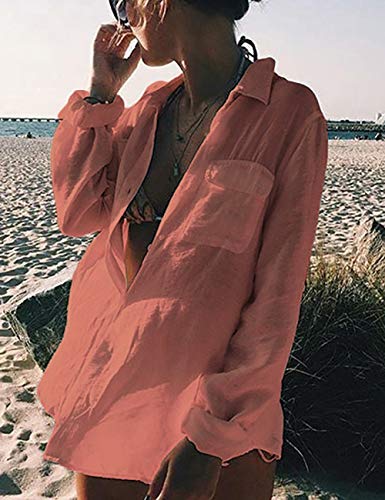 Bsubseach Long Sleeve Beach Shirt Blouses Women Turn Down Collar Bikini Bathing Suit Cover Ups Swimwear Apricot