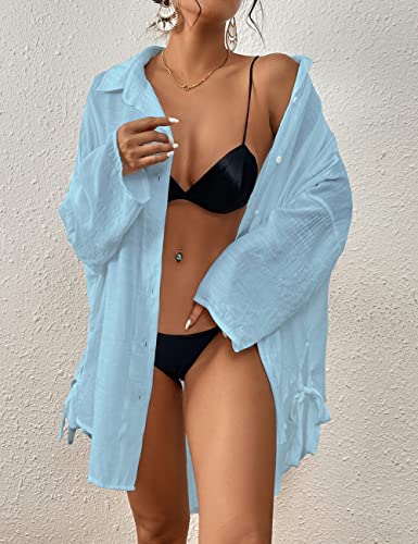 Bsubseach Women Casual Navy Turn Down Collar Bikini Bathing Suit Cover Ups Long Sleeve Beach Cover Up with Pockets