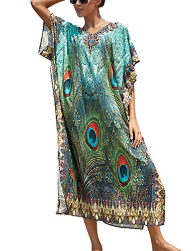 Bsubseach Green Snake Print Loose Kaftan Dress Plus Size Beach Cover Up Half Sleeve Caftan Maxi Dress for Women