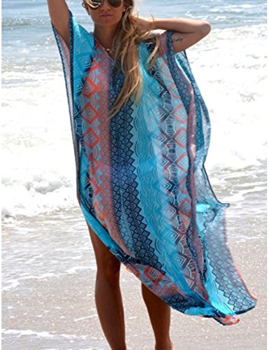Bsubseach Chiffon Print Shirt Dress Beach Cover Up Loose Turn Down Collar Long Sleeve Bikini Kaftan Cover Ups for Swimwear Women
