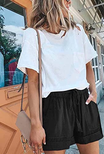 comefohome Womens Drawstring Shorts Summer Cotton Elastic Waist Solid Color Casual Shorts UK with Pockets Blue M