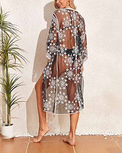 Women Swimsuit Cover Up Bathing Suit Kimono Long Beach Dress Floral Lace Bikini Swim Coverup Sun Protection Clothing