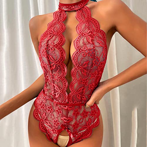 Bodysuit for Women Sexy Lingerie for Women Naughty Set for Sex Lace Teddy One Piece Lingerie Plus Size Babydolls Sexy Lingerie Christmas Deep V Halter Lingerie Roleplay Lingerie Set