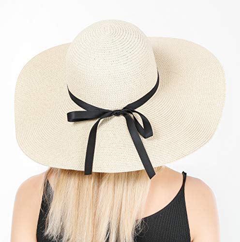 Lanzom Womens 5.5 Inches Wide Brim Straw Hat Floppy Foldable Roll up Cap Beach Sun Hat