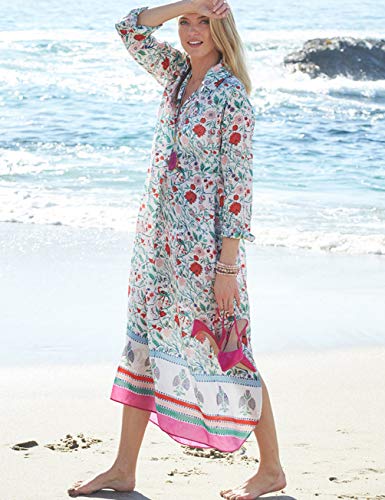 Bsubseach Chiffon Print Shirt Dress Beach Cover Up Loose Turn Down Collar Long Sleeve Bikini Kaftan Cover Ups for Swimwear Women