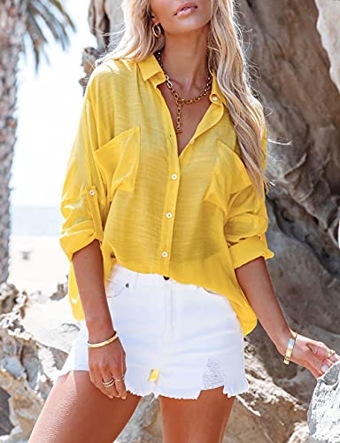 Bsubseach Women Casual Navy Turn Down Collar Bikini Bathing Suit Cover Ups Long Sleeve Beach Cover Up with Pockets