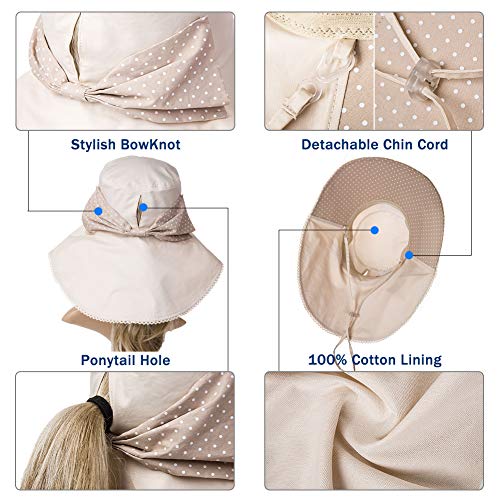 Comhats Ladies Sun Hat Foldable UPF 50 Wide Brim with Neck Protection Summer Spring UV Cotton Safari Gardening Walking Hat with Chin Strap Beige Small