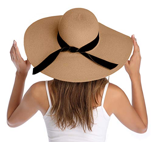 Lanzom Womens 5.5 Inches Wide Brim Straw Hat Floppy Foldable Roll up Cap Beach Sun Hat