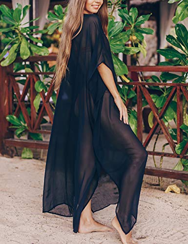 Bsubseach Chiffon Print Shirt Dress Beach Cover Up Loose Turn Down Collar Long Sleeve Bikini Kaftan Cover Ups for Swimwear Women