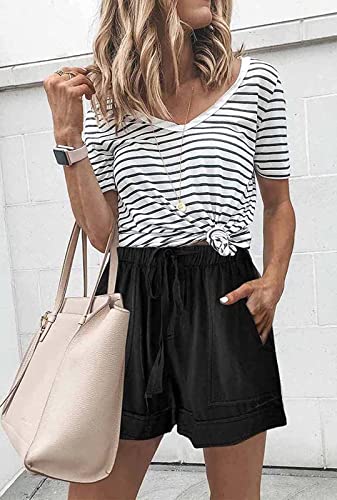 comefohome Womens Drawstring Shorts Summer Cotton Elastic Waist Solid Color Casual Shorts UK with Pockets Blue M