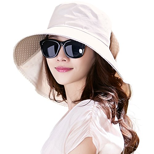 Comhats Ladies Sun Hat Foldable UPF 50 Wide Brim with Neck Protection Summer Spring UV Cotton Safari Gardening Walking Hat with Chin Strap Beige Small