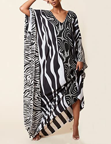 Bsubseach Green Snake Print Loose Kaftan Dress Plus Size Beach Cover Up Half Sleeve Caftan Maxi Dress for Women