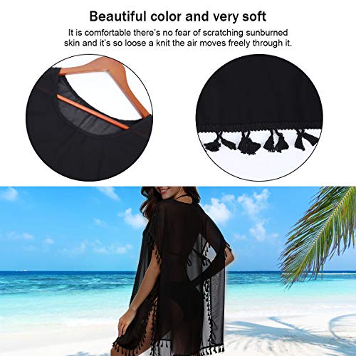 Women's Chiffon Tassel Swimsuit Summer Beach Cover Up Swimwear Dress Beachwear (Black)