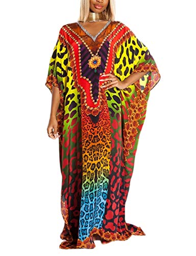 Bsubseach Green Snake Print Loose Kaftan Dress Plus Size Beach Cover Up Half Sleeve Caftan Maxi Dress for Women