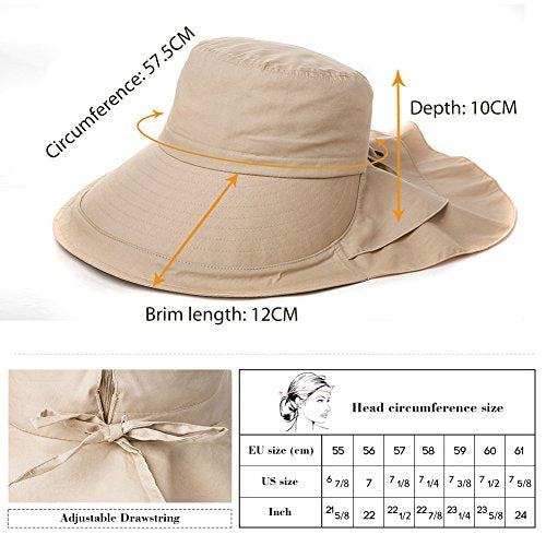 Comhats Ladies Sun Hat Foldable UPF 50 Wide Brim with Neck Protection Summer Spring UV Cotton Safari Gardening Walking Hat with Chin Strap Beige Small